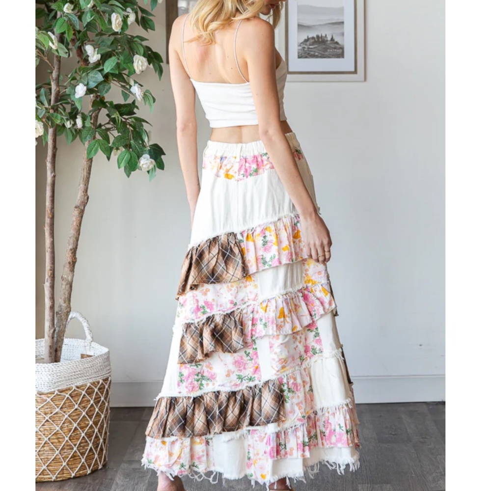 Oli & Hali Cream Patchwork Maxi Skirt with Floral & Plaid Ruffles - Picture 7 of 7